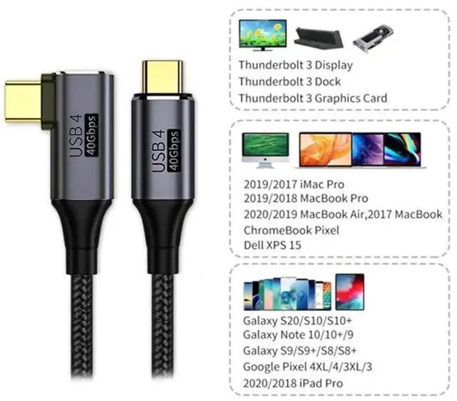 Alt view image 4 of 7 - 1M 90 Degree Right Angled USB4 Cable, Right Angle to Straight USB4.0 Cord, 40Gbps Data Transfer, 100W PD Fast Charging, 5K@60Hz Video, Compatible with Thunderbolt 3/4