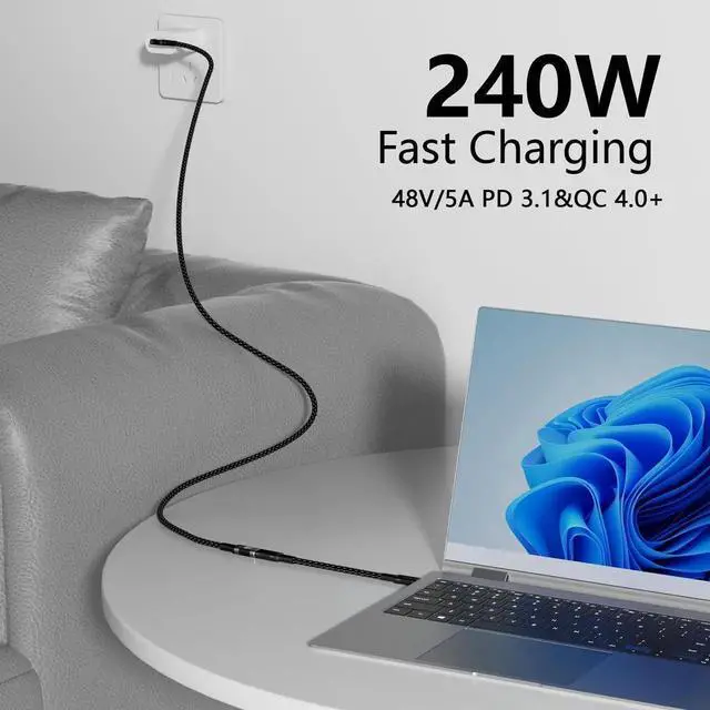 Alt view image 5 of 7 - 2FT Short Right Angle USB C Extension Cable, 90 Degree Female to Male USB-C Extender, 80Gbps Thunderbolt 5/4/3 Compatible, 240W PD3.1 Fast Charging, 8K@120Hz/16K@60Hz Video Display