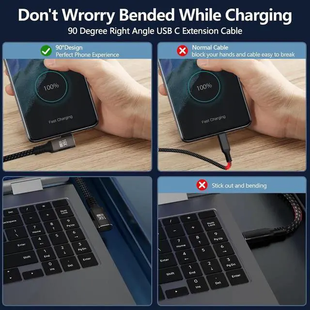 Alt view image 2 of 7 - 2FT Short Right Angle USB C Extension Cable, 90 Degree Female to Male USB-C Extender, 80Gbps Thunderbolt 5/4/3 Compatible, 240W PD3.1 Fast Charging, 8K@120Hz/16K@60Hz Video Display
