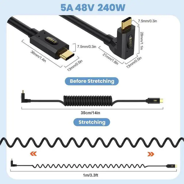 Alt view image 3 of 7 - 4FT/1.2M Spring Coiled USB4.0 Cable, Up/Down to Left/Right Angled USB C to USB C Cord, 40Gbps Data Transfer, 240W PD Fast Charging, 8K/6K@60Hz Video Male to Male Spiral Cable