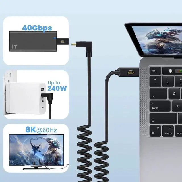 Alt view image 6 of 7 - 4FT/1.2M Spring Coiled USB4.0 Cable, Up/Down to Left/Right Angled USB C to USB C Cord, 40Gbps Data Transfer, 240W PD Fast Charging, 8K/6K@60Hz Video Male to Male Spiral Cable
