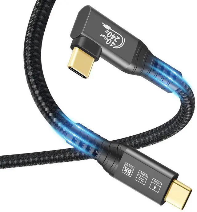 Main image of 1.5M 90 Degree USB4 Thunderbolt 4 Cable, USB C to USB C 40Gbps Data Transfer, 240W PD Fast Charging, 8K@60Hz HDR Video Cord Compatible with MacBook M2 M3, Hub, Dock, Mac SSD