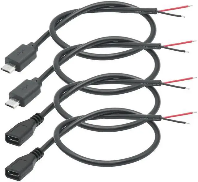 Main image of 4Pcs 30cm/11.8in Short Micro USB Male & Female 2 Pin Bare Wire Cable, 22AWG 3A Micro USB to Open End Pigtail Power Cord for Equipment Installation, Replacement Repair and DIY Projects