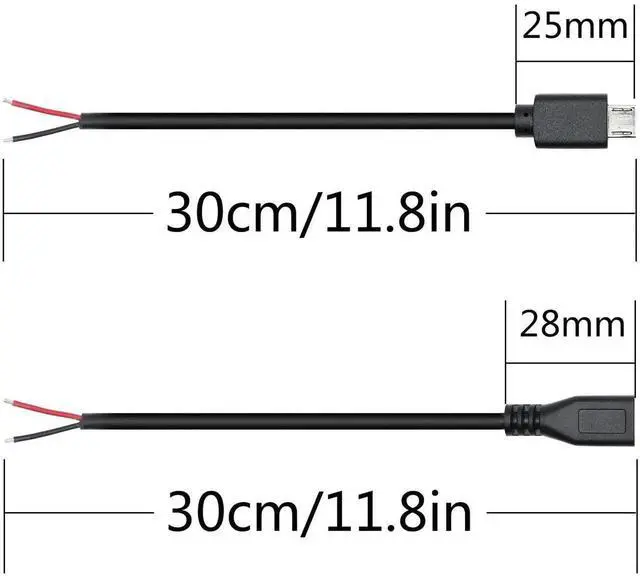 Alt view image 2 of 7 - 4Pcs 30cm/11.8in Short Micro USB Male & Female 2 Pin Bare Wire Cable, 22AWG 3A Micro USB to Open End Pigtail Power Cord for Equipment Installation, Replacement Repair and DIY Projects