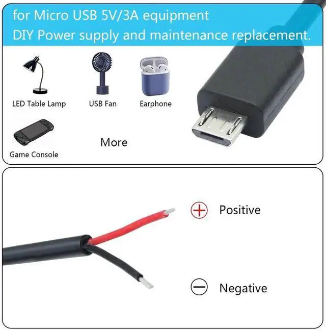 Alt view image 7 of 7 - 4Pcs 30cm/11.8in Short Micro USB Male & Female 2 Pin Bare Wire Cable, 22AWG 3A Micro USB to Open End Pigtail Power Cord for Equipment Installation, Replacement Repair and DIY Projects