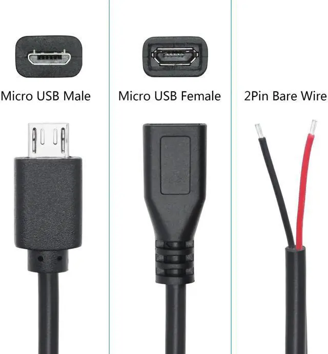 Alt view image 3 of 7 - 4Pcs 30cm/11.8in Short Micro USB Male & Female 2 Pin Bare Wire Cable, 22AWG 3A Micro USB to Open End Pigtail Power Cord for Equipment Installation, Replacement Repair and DIY Projects