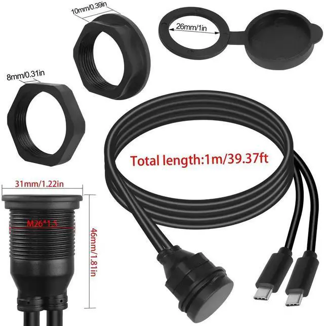 Alt view image 5 of 7 - 3.3ft/1M Dual USB C Threaded Flush Mount Waterproof Cable, USB 3.1 10Gbps Male to Female Panel Mount Extension Cord, Support 4K@60Hz Audio Video Transmission for Car Boat Yacht