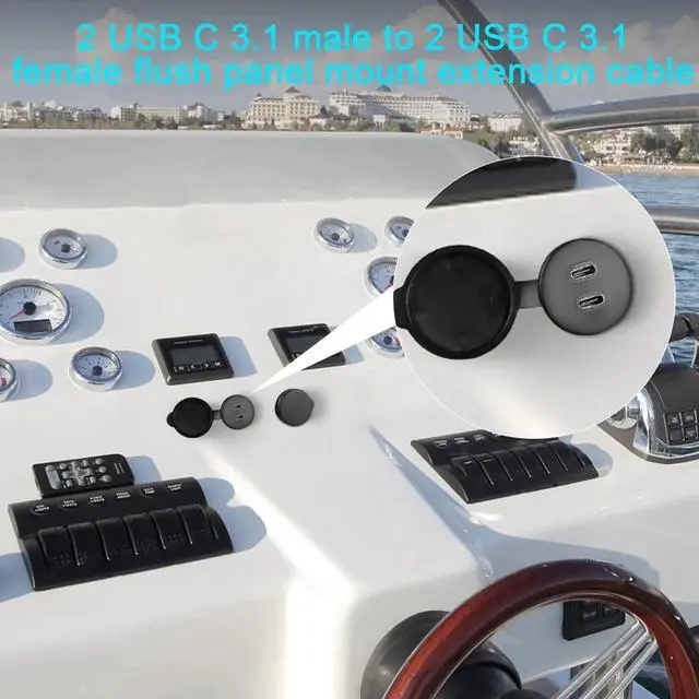 Alt view image 4 of 7 - 3.3ft/1M Dual USB C Threaded Flush Mount Waterproof Cable, USB 3.1 10Gbps Male to Female Panel Mount Extension Cord, Support 4K@60Hz Audio Video Transmission for Car Boat Yacht
