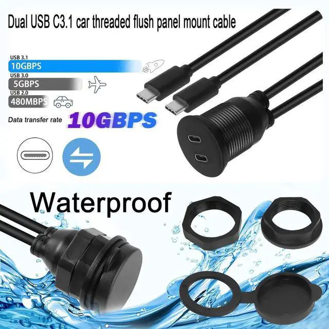Alt view image 3 of 7 - 3.3ft/1M Dual USB C Threaded Flush Mount Waterproof Cable, USB 3.1 10Gbps Male to Female Panel Mount Extension Cord, Support 4K@60Hz Audio Video Transmission for Car Boat Yacht