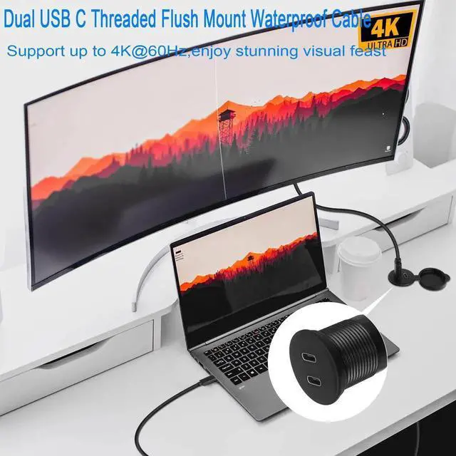 Alt view image 7 of 7 - 3.3ft/1M Dual USB C Threaded Flush Mount Waterproof Cable, USB 3.1 10Gbps Male to Female Panel Mount Extension Cord, Support 4K@60Hz Audio Video Transmission for Car Boat Yacht