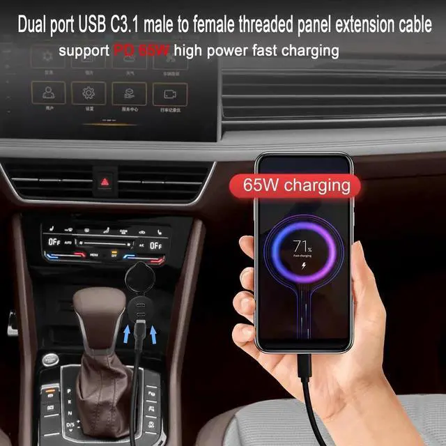 Alt view image 6 of 7 - 3.3ft/1M Dual USB C Threaded Flush Mount Waterproof Cable, USB 3.1 10Gbps Male to Female Panel Mount Extension Cord, Support 4K@60Hz Audio Video Transmission for Car Boat Yacht