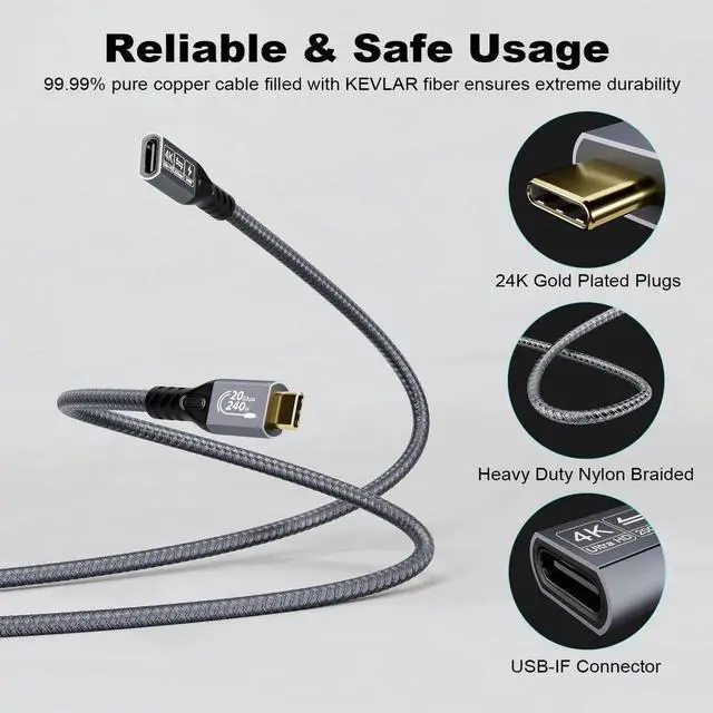 Alt view image 4 of 7 - 10FT USB C 3.2 Gen2 Extension Cable, 20Gbps Type C Male to Female Extender, 240W PD Fast Charging, 4K@60Hz Ultra HD Video, Compatible with External SSD, eGPU and USB-C Devices
