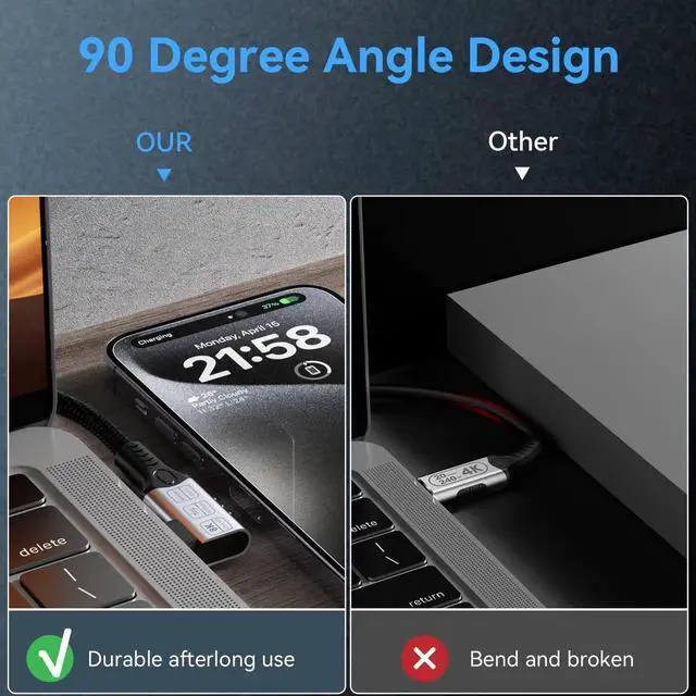 Alt view image 7 of 7 - 3.3FT/1M 90 Degree Right Angle USB C Extension Cable, Thunderbolt 4 Compatible Male to Female Extender, 40Gbps High Speed Data Transfer, 240W PD Fast Charging, 8K/4K@60Hz UHD Video USB-C Cord