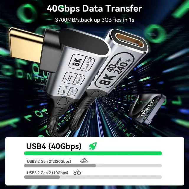 Alt view image 2 of 7 - 3.3FT/1M 90 Degree Right Angle USB C Extension Cable, Thunderbolt 4 Compatible Male to Female Extender, 40Gbps High Speed Data Transfer, 240W PD Fast Charging, 8K/4K@60Hz UHD Video USB-C Cord