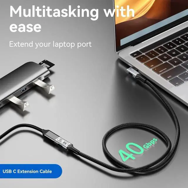 Alt view image 4 of 7 - 3.3FT/1M 90 Degree Right Angle USB C Extension Cable, Thunderbolt 4 Compatible Male to Female Extender, 40Gbps High Speed Data Transfer, 240W PD Fast Charging, 8K/4K@60Hz UHD Video USB-C Cord