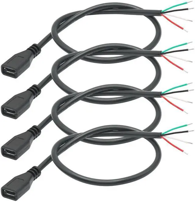 Main image of 4Pcs 11inch Short Micro USB Female 4 Pin Bare Wire Cable, 24AWG 5V/2A Open End Pigtail Power Data Cord for Device Installation, Replacement Repair and DIY Electronics