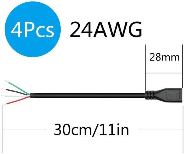 Alt view image 5 of 7 - 4Pcs 11inch Short Micro USB Female 4 Pin Bare Wire Cable, 24AWG 5V/2A Open End Pigtail Power Data Cord for Device Installation, Replacement Repair and DIY Electronics