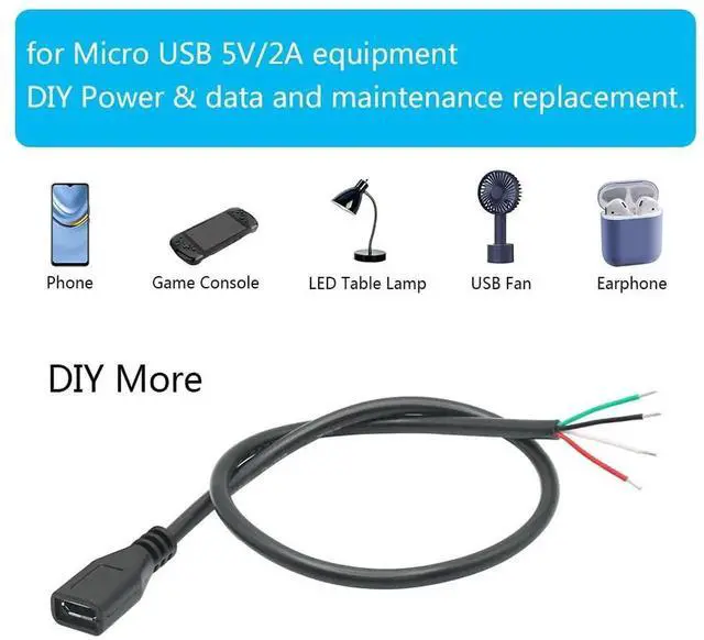 Alt view image 6 of 7 - 4Pcs 11inch Short Micro USB Female 4 Pin Bare Wire Cable, 24AWG 5V/2A Open End Pigtail Power Data Cord for Device Installation, Replacement Repair and DIY Electronics