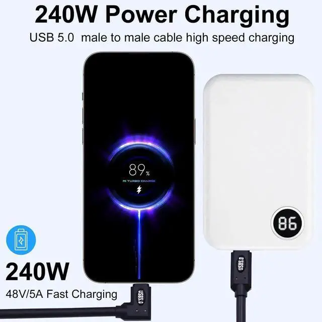 Alt view image 3 of 7 - 2FT Right Angle Thunderbolt 5 USB C Cable, 90 Degree 80Gbps /120Gbps Bandwidth, 240W PD Fast Charging, Dual 8K Display USB-C Cord Compatible with MacBook, iPhone 16, SSD