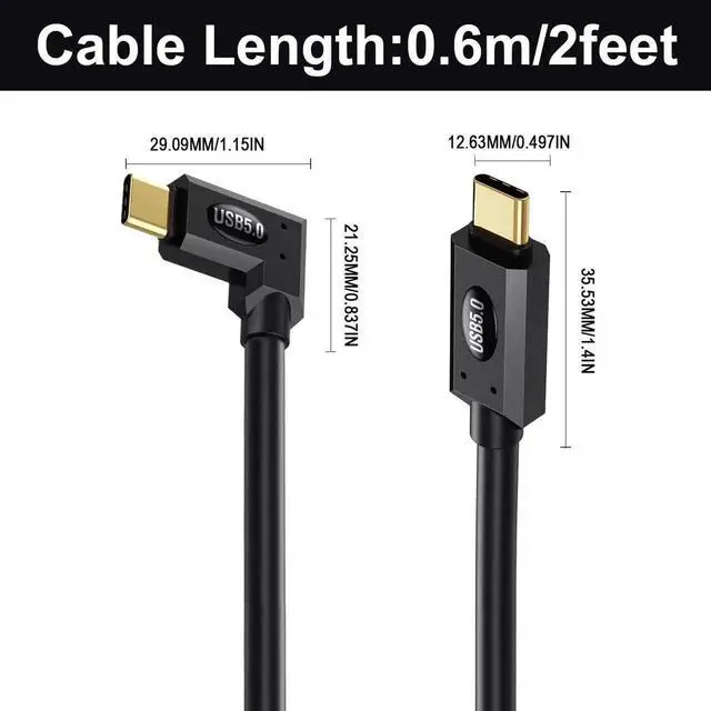 Alt view image 4 of 7 - 2FT Right Angle Thunderbolt 5 USB C Cable, 90 Degree 80Gbps /120Gbps Bandwidth, 240W PD Fast Charging, Dual 8K Display USB-C Cord Compatible with MacBook, iPhone 16, SSD