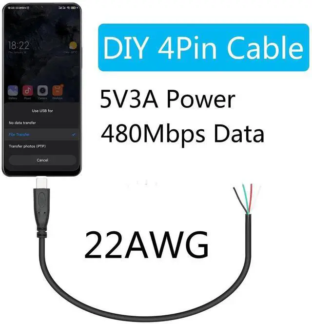 Alt view image 2 of 6 - 4Pcs 11inch USB Type C Male to 4 Pin Bare Wire Cable, 22AWG 5V/3A Open End Pigtail Cord, USB C Plug Pigtail Power & Data Wire for Installation, Replacement Repair and DIY Electronics