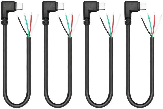 Main image of 4Pcs 11inch 90 Degree Right Angle USB C Male to 4 Pin Bare Wire Cable, 22AWG 5V/3A Open End Pigtail Power Data Cord for Type C Device Replacement, Repair & DIY Electronics