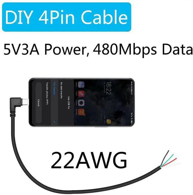 Alt view image 4 of 7 - 4Pcs 11inch 90 Degree Right Angle USB C Male to 4 Pin Bare Wire Cable, 22AWG 5V/3A Open End Pigtail Power Data Cord for Type C Device Replacement, Repair & DIY Electronics