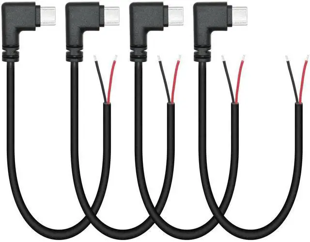 Main image of 4Pcs 9inch 90 Degree Right Angle USB C to 2 Pin Bare Wire Cable, 5V/3A Type C Male Open End Pigtail Power Cord for Device Installation, Replacement Repair & DIY Electronics