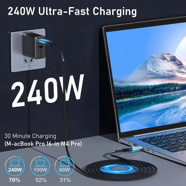 Alt view image 7 of 7 - 3.3FT/1M Braided USB C to USB C Cable, Thunderbolt 5 Compatible, 80Gbps High Speed Data Transfer, 240W PD Fast Charging, 16K/8K/4K UHD Video Cord for Thunderbolt 4/3