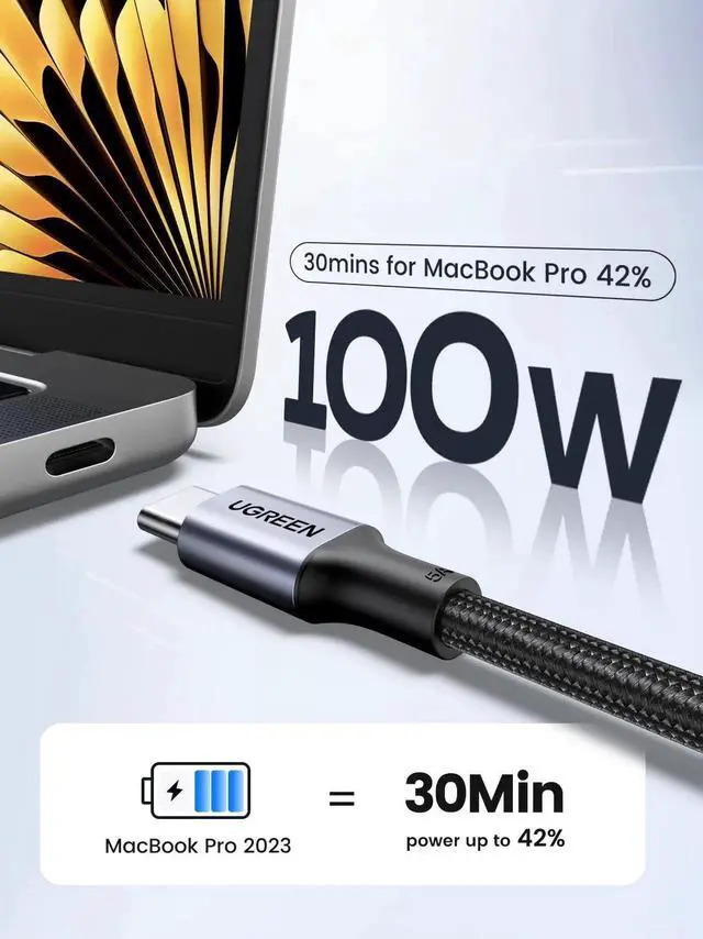 Alt view image 5 of 7 - UGREEN 2-Pack 100W USB C to USB C Cable 3.3FT Black, Fast Charging Type C Cord Compatible with iPhone 17/17 Air/17 Pro/17 Pro Max/16, MacBook Pro, iPad Pro, Dell XPS, Galaxy S25/S24/S23 Ultra, Switch,
