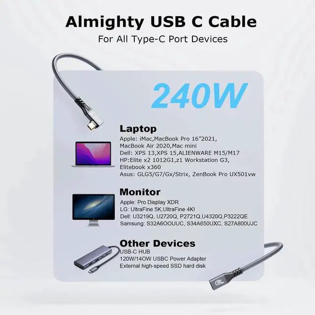 Alt view image 4 of 7 - 2 Pack 90 Degree USB C 3.2 Gen2 Extension Cable 0.5M, Right Angle Type-C Male to Female Extender Cord, 20Gbps Data Transfer, 240W Fast Charging, 4K@60Hz Video Output Compatible with SSD and USB-C Devi