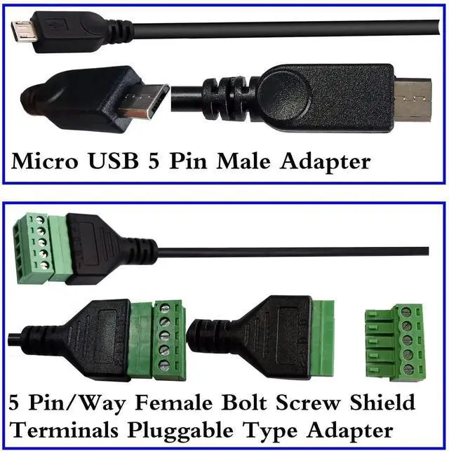 Alt view image 6 of 6 - 2Pcs 30CM Micro USB 2.0 Male to 5 Pin Screw Terminal Block Cable, Shielded Pluggable Bolt Screw Terminal Connector Adapter Wire for DIY Power Data Project