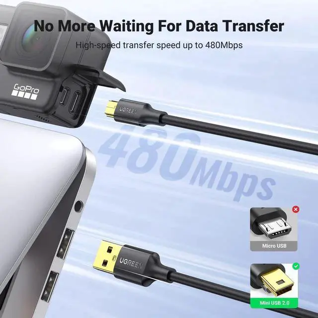 Alt view image 3 of 7 - UGREEN 10 FT Mini USB 2.0 Cable, Mini B Charging Data Cord Compatible with Garmin Nuvi GPS, Dash Cam, Digital Camera, PS3 Controller, Hard Drive, GoPro Hero 3+, PDA