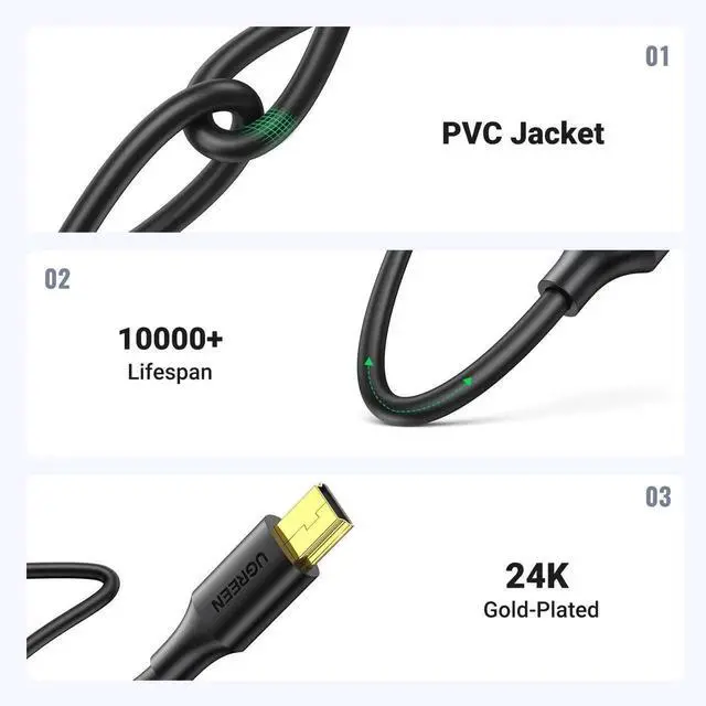 Alt view image 5 of 7 - UGREEN 10 FT Mini USB 2.0 Cable, Mini B Charging Data Cord Compatible with Garmin Nuvi GPS, Dash Cam, Digital Camera, PS3 Controller, Hard Drive, GoPro Hero 3+, PDA