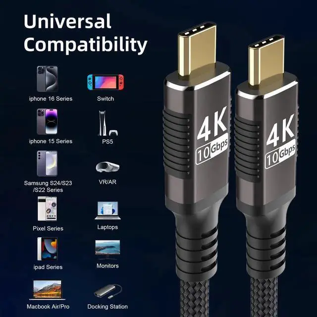 Alt view image 4 of 7 - 2-Pack 6.6ft USB C 3.1 Gen 1 Cable, Nylon Braided Compatible with Thunderbolt 3, 10Gbps Data Transfer, 100W Fast Charging, 4K@60Hz 2K@120Hz Video Output Type-C Monitor Cord