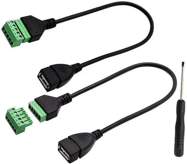 Main image of 2 Pack 30CM USB 2.0 A Female to 5 Pin Screw Terminal Block Cable, Shielded Pluggable Bolt Screw Terminal Adapter Wire for DIY Power Circuit Project
