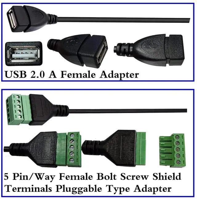 Alt view image 2 of 7 - 2 Pack 30CM USB 2.0 A Female to 5 Pin Screw Terminal Block Cable, Shielded Pluggable Bolt Screw Terminal Adapter Wire for DIY Power Circuit Project