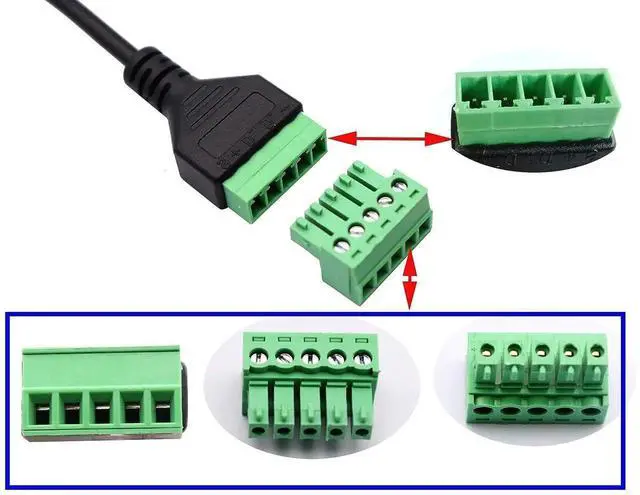 Alt view image 4 of 7 - 2 Pack 30CM USB 2.0 A Female to 5 Pin Screw Terminal Block Cable, Shielded Pluggable Bolt Screw Terminal Adapter Wire for DIY Power Circuit Project