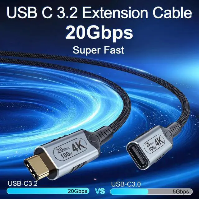 Alt view image 5 of 7 - 20FT/6M Nylon Braided USB C Extension Cable, USB-C Male to Female Extender Cord, 20Gbps Data Transfer, 100W Fast Charging, 4K@60Hz Video Output for Monitor, Laptop and USB-C Devices
