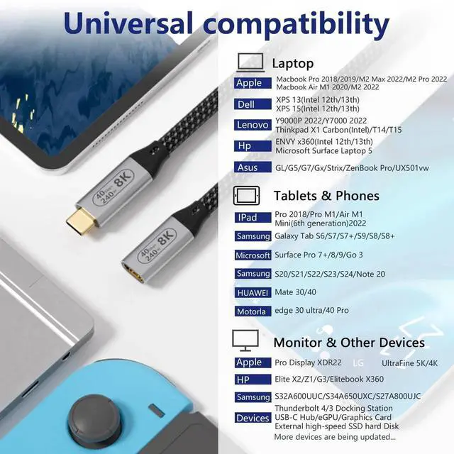 Alt view image 3 of 7 - 6.6ft/2M USB4 Extension Cable, USB-C Female to Male, 40Gbps Data Transfer, 8K@60Hz Video, 240W PD Fast Charging, Compatible with Thunderbolt 4, Laptop, Tablet, Smartphone, Monitor