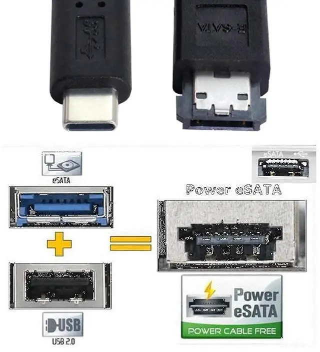 Alt view image 2 of 7 - 3.3FT/1M USB-C to eSATAp Adapter Cable, USB3.0 Power Over eSATA DC 5V Converter, Type-C to HDD SSD ODD eSATAp Power Data Cord