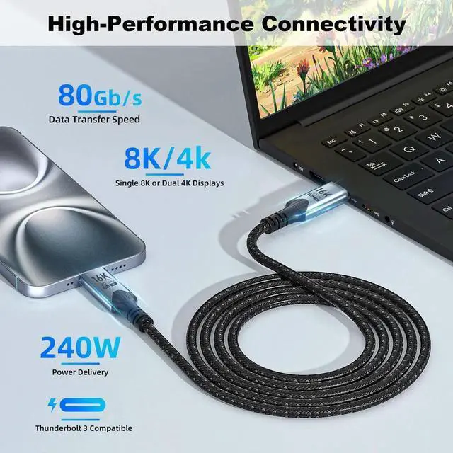 Alt view image 3 of 7 - 6FT/2M Long USB C to USB C Braided Cable, Compatible with Thunderbolt 5, 80Gbps High Speed Data Transfer, 240W PD Fast Charging, 16K/8K/4K UHD Video Output, Compatible with Thunderbolt 4/3