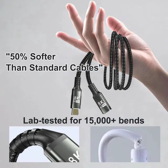 Alt view image 2 of 7 - 10FT USB C Extension Cable Male to Female, Thunderbolt 5 Extender, 40Gbps Data Transfer, 8K Display & PD 240W Fast Charging, Compatible with Thunderbolt 4/3, USB4, SSD, eGPU, Laptop and Monitor