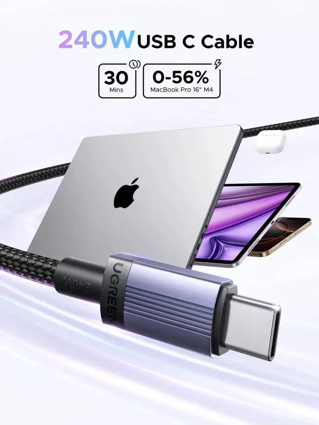 Alt view image 4 of 7 - UGREEN 2-Pack 10FT USB C to USB C Cable, 240W PD 3.1 Fast Charging, 480Mbps Data Sync, Nylon Braided USB-C Cord for iPhone 17/16/15 Pro Max, Galaxy S25/S24, Pixel 10, MacBook Pro/Air, XPS, iPad Pro, S