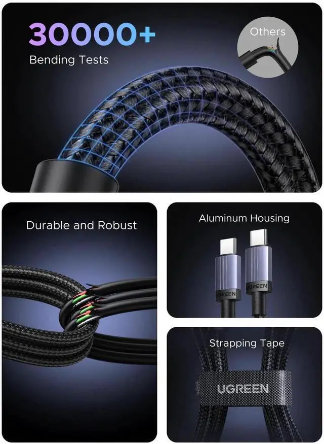 Alt view image 3 of 7 - UGREEN 2-Pack 10FT USB C to USB C Cable, 240W PD 3.1 Fast Charging, 480Mbps Data Sync, Nylon Braided USB-C Cord for iPhone 17/16/15 Pro Max, Galaxy S25/S24, Pixel 10, MacBook Pro/Air, XPS, iPad Pro, S