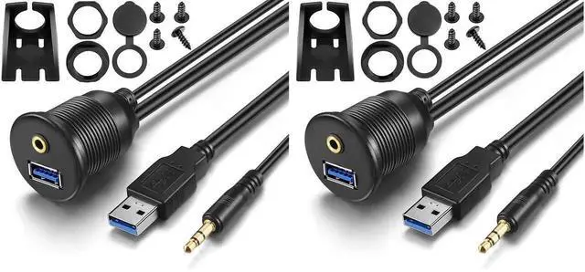 Main image of 2-Pack 3FT Flush Mount Car Cable, USB 3.0 & 3.5mm AUX Extension Dash Panel Mount Cord for Car Boat Motorcycle