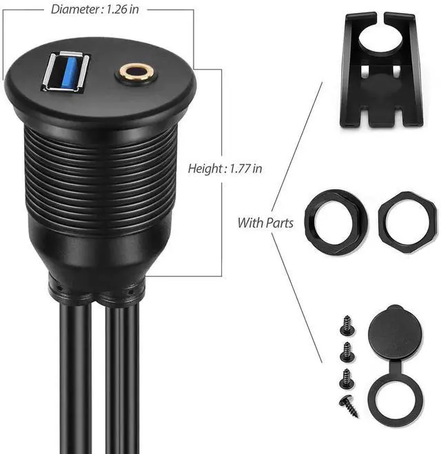 Alt view image 4 of 7 - 2-Pack 3FT Flush Mount Car Cable, USB 3.0 & 3.5mm AUX Extension Dash Panel Mount Cord for Car Boat Motorcycle
