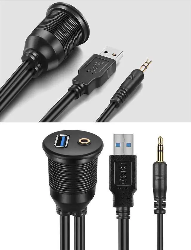 Alt view image 6 of 7 - 2-Pack 3FT Flush Mount Car Cable, USB 3.0 & 3.5mm AUX Extension Dash Panel Mount Cord for Car Boat Motorcycle