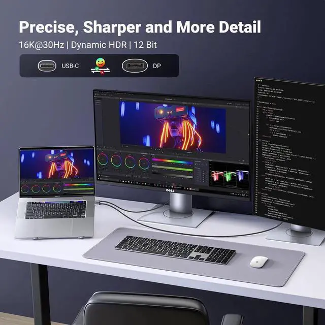 Alt view image 3 of 7 - UGREEN 3.3FT USB C to DisplayPort 2.1 Cable, 16K@30Hz 8K@120Hz 40Gbps Thunderbolt 4/3 to DP Braided Cord, Aluminum Housing Compatible with iPhone 17/16 Pro Max, Galaxy S25, MacBook Pro/Air, iPad, Mac