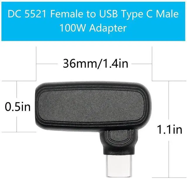 Alt view image 2 of 7 - 90 Degree DC 5.5x2.1mm to USB C Adapter, 100W DC 5521 Female to Type C Male Power Charging Plug with PD Smart Chip, Compatible with Phones, Laptops and All USB-C Port Devices